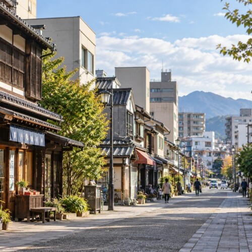 昔ながらの建物と現在の街並みが共存する日本の地方都市