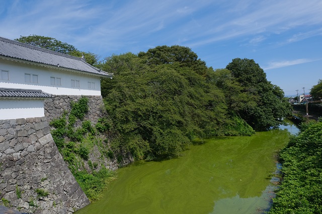 二の丸東大手門から「山形城の石垣」と御濠を見てみた写真