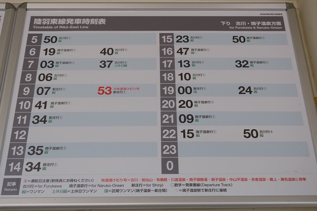 陸羽東線の発車時刻表の写真