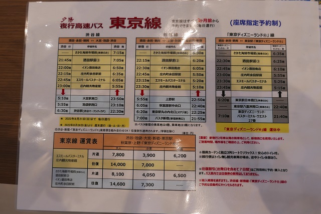 酒田駅発の高速バスの時刻表と料金一覧。