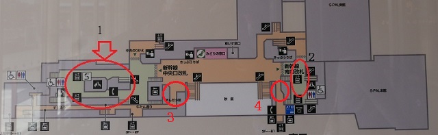 三階新幹線改札外のお土産売り場の構内図マップ