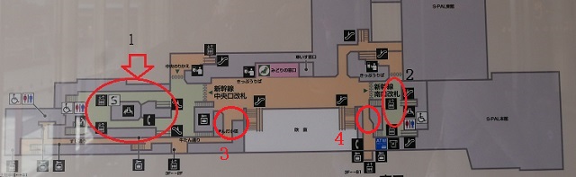 三階新幹線改札外のお土産売り場の構内図マップ