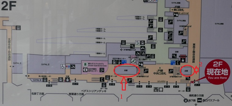 仙台駅二階構内図で見るお土産売り場のマップの写真