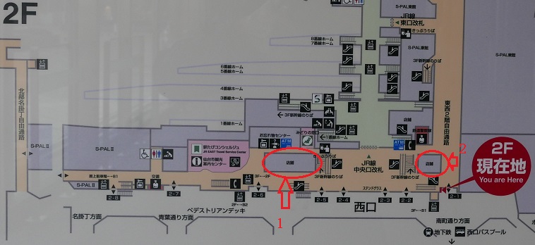 仙台駅二階構内図で見るお土産売り場のマップの写真