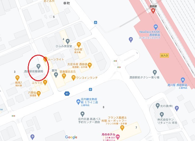 酒田駅前の郵便局のマップ