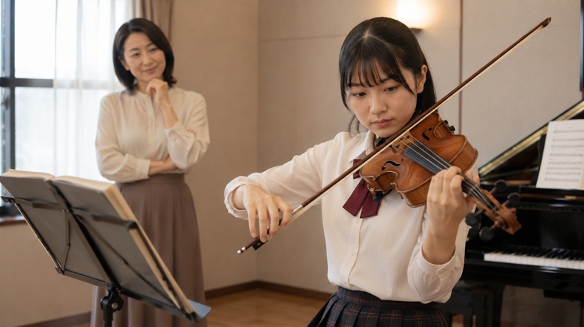 優れた音楽的才能を発揮してバイオリンを演奏する女性