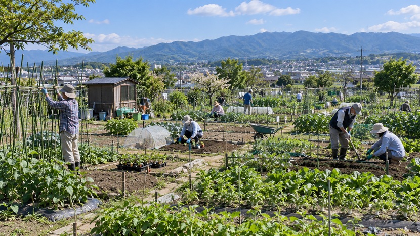 市民農園でそれぞれ異なる作業をする複数の人
