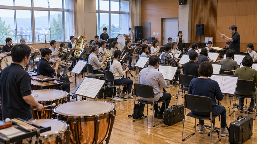 それぞれ異なる楽器を担当して練習する地域の吹奏楽団