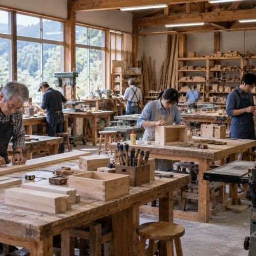 それぞれ異なる木工作業に取り組む地域の木工教室