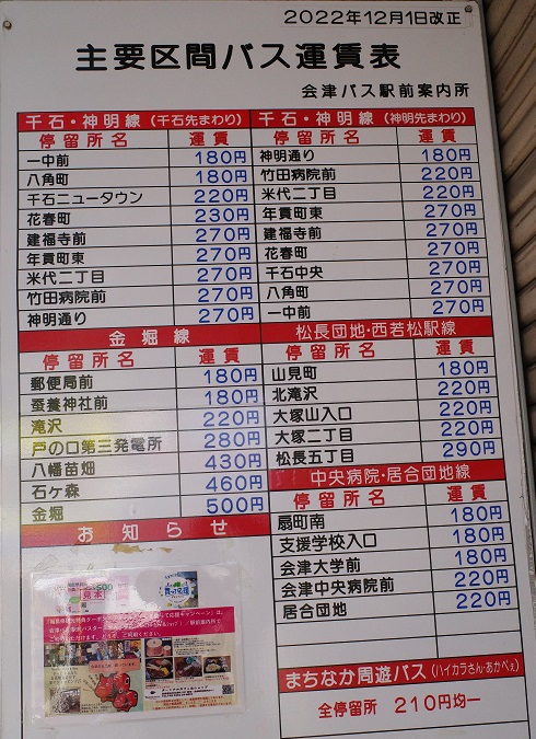 会津若松駅市内循環バスの料金表