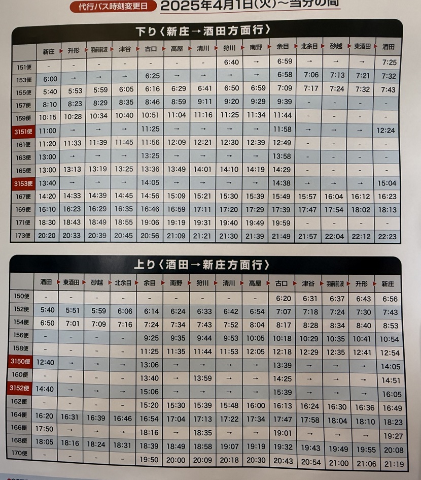 大石田駅の代行バスの時刻表