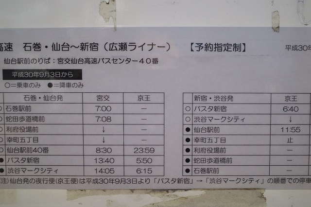 石巻駅の高速バスの時刻表の写真