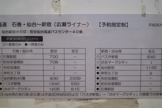 石巻駅の高速バスの時刻表の写真