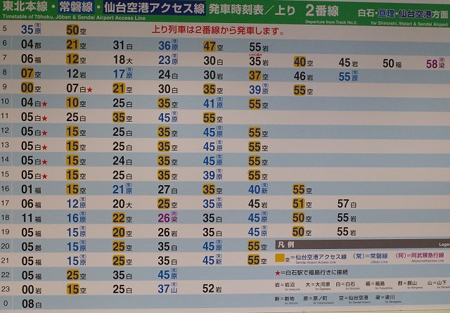 長町駅近に掲示されてる時刻表の写真（上り）