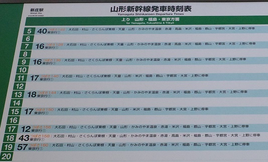 新庄駅の山形新幹線の発車時刻表