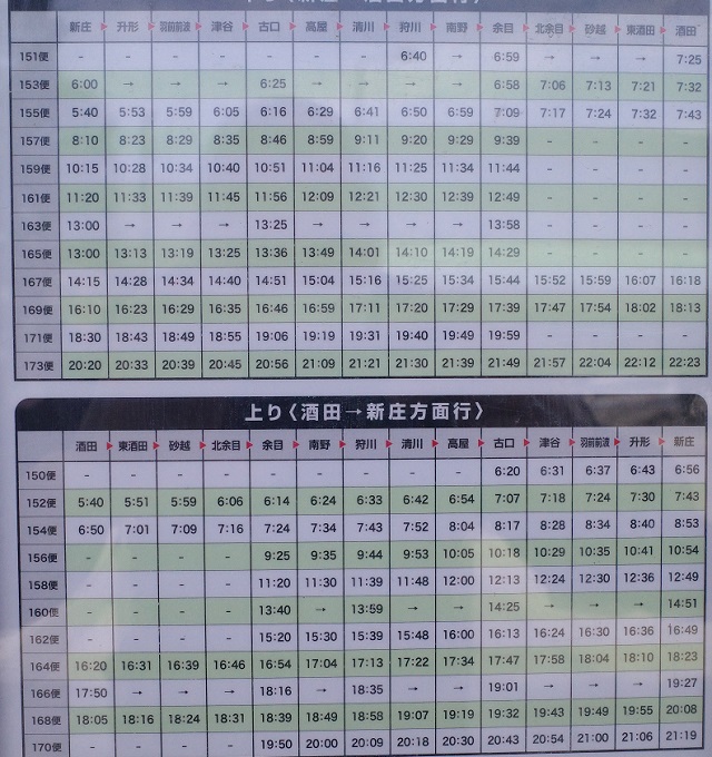 新庄駅のバス乗り場の写真と陸羽西線の時刻表の写真