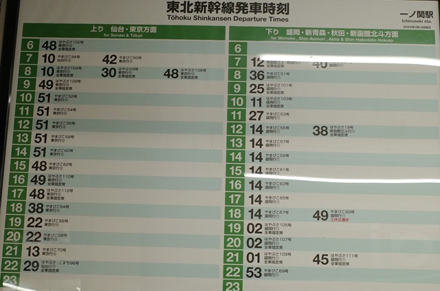 一ノ関駅の東北新幹線時刻表