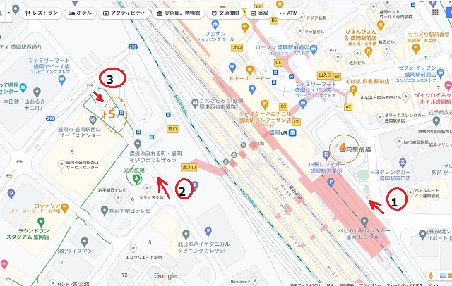 盛岡駅の一般車の侵入経路のマップ