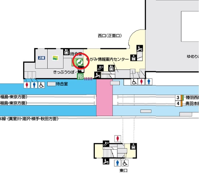 新城駅の構内図にみどりの窓口の場所を示した写真 