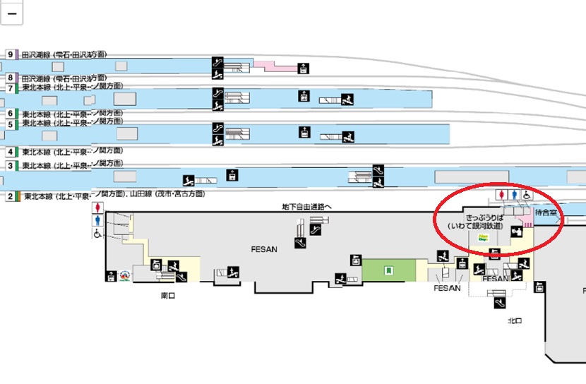 盛岡駅1階 電車乗り場の位置（構内図）