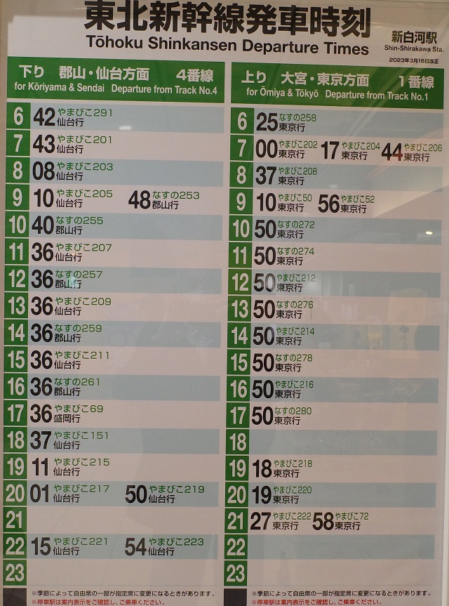 新白河駅の東北新幹線の時刻表の写真