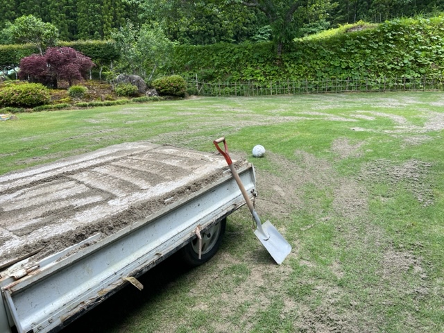 芝に川砂を入れてる写真
