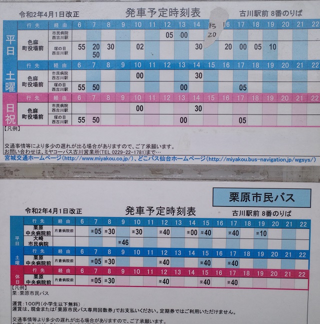 8番線色麻町方面と栗原中央病院方面への時刻表の写真