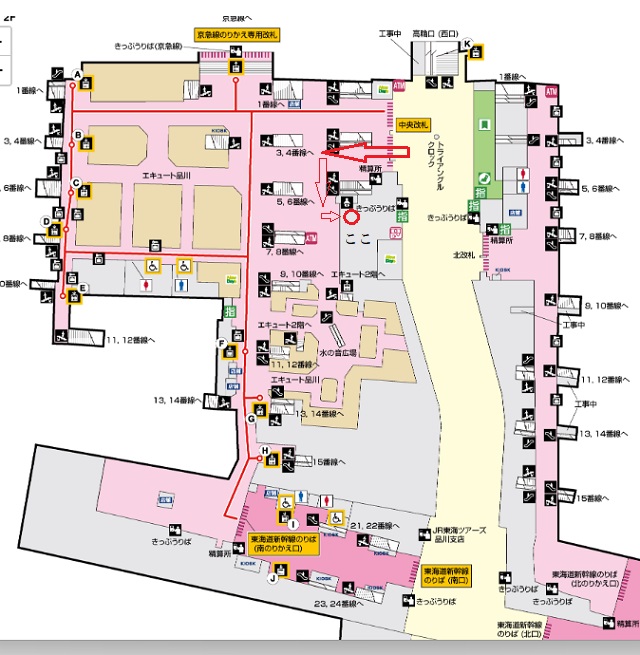 品川駅の忘れ物センターを記した構内図