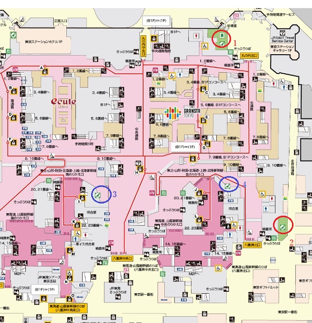 東京駅一階の構内図とみどりの窓口の場所