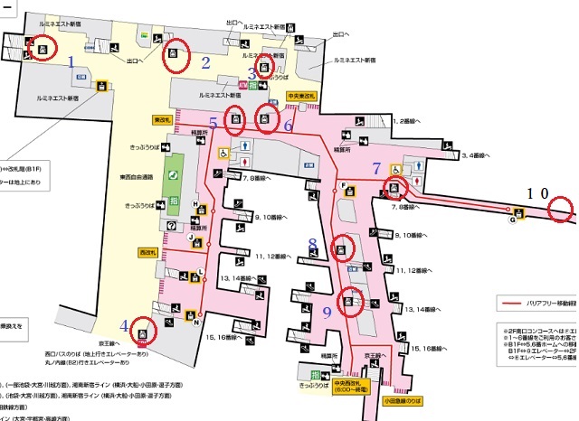 新宿駅地下一階（B1F）の構内図とコインロッカーの設置場所