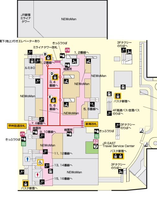 新宿駅２Fの構内図（甲州街道口）