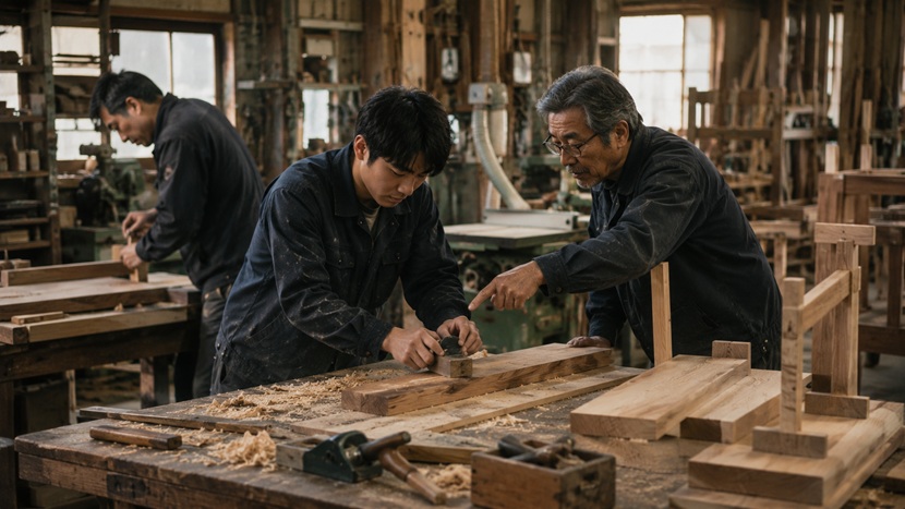 木工工房で若手職人に作業を教えるベテラン職人