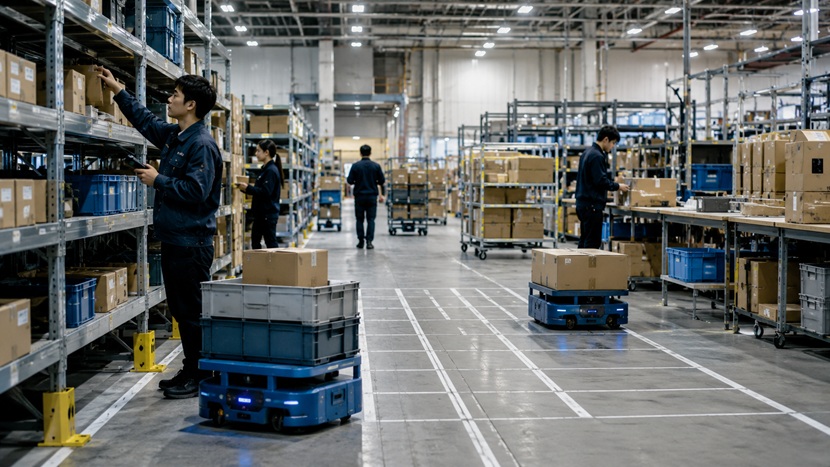 物流倉庫で作業員を補助して荷物を運ぶ自動搬送ロボット
