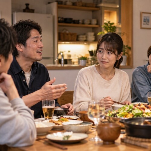 何気ない発言に少し困った表情を見せる女性と食卓を囲む人たち
