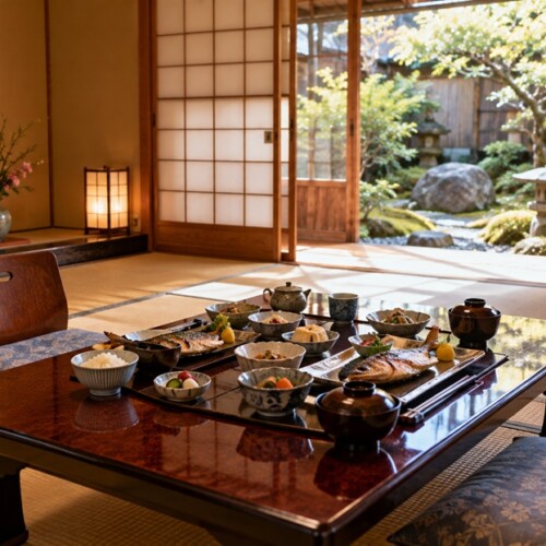 日本旅館の和室に二人分の食事が用意され、上げ膳据え膳のもてなしを表す風景