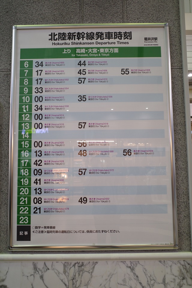 軽井沢駅発新幹線の時刻表の写真