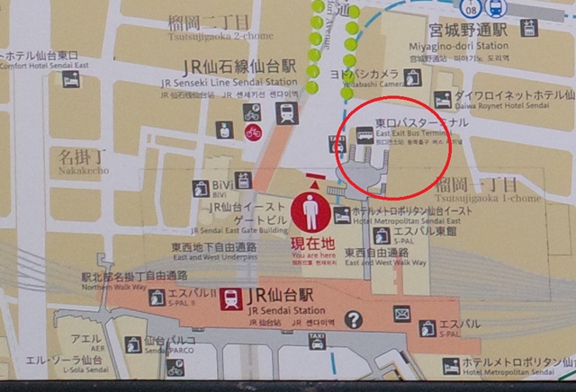 仙台駅東口バス乗り場の場所のマップ