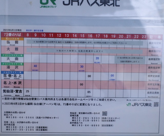 仙台駅東口73番乗り場の時刻表の写真