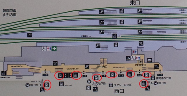 仙台駅一階のコインロッカーの場所の構内図