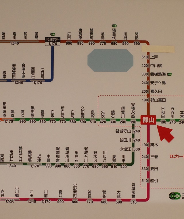 郡山駅から会津若松駅までの路線図