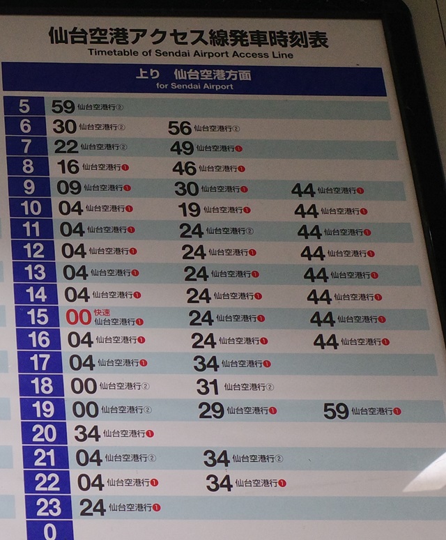 名取駅仙台空港行の時刻表