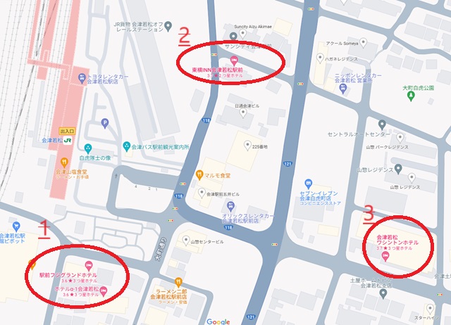 会津若松駅のホテルの場所のマップ