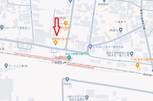 喜多方駅前のおすすめカフェ「珈琲専門店煉瓦」の場所のマップ
