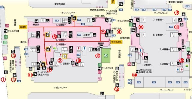 池袋のコインロッカーの場所の構内図の表示