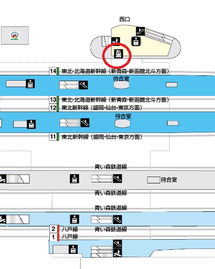 西口一階のコインロッカーの場所を記した構内図