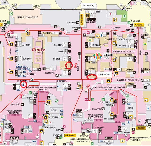 駅弁売り場3か所の場所を記した東京駅の構内図