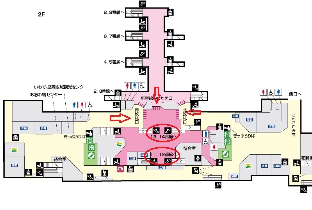 盛岡駅の新幹線乗り場を案内する構内図 