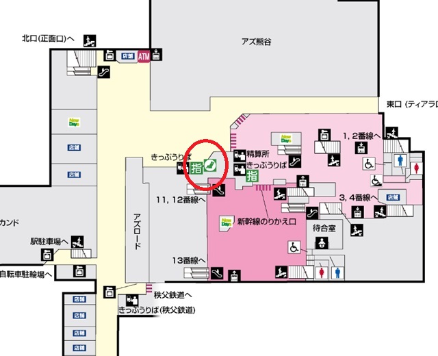 熊谷駅のみどりの窓口の場所を記した構内図