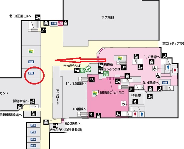 熊谷駅の場所を示した構内図