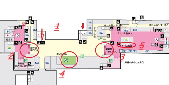 仙台駅の構内図で東京行の改札やホームを案内